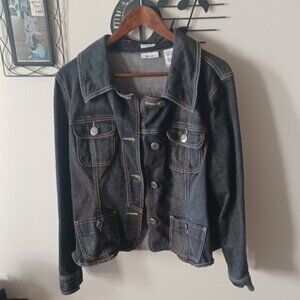 liz & co. Stretch Black Distressed Denim Button 4 Pocket Adjustable Jacket XL